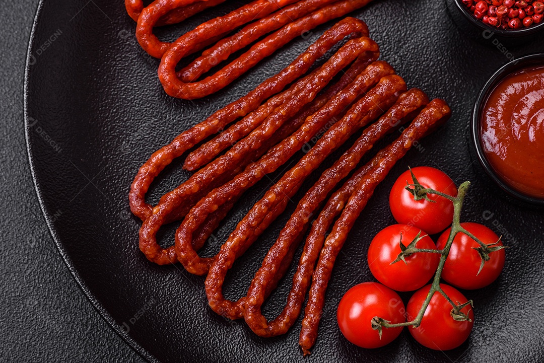 Deliciosas salsichas de caça defumadas com sal, especiarias e ervas sobre um fundo escuro de concreto