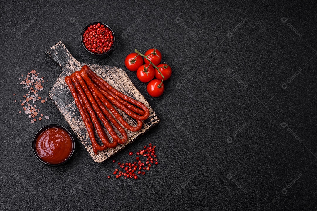 Deliciosas salsichas de caça defumadas com sal, especiarias e ervas sobre um fundo escuro de concreto