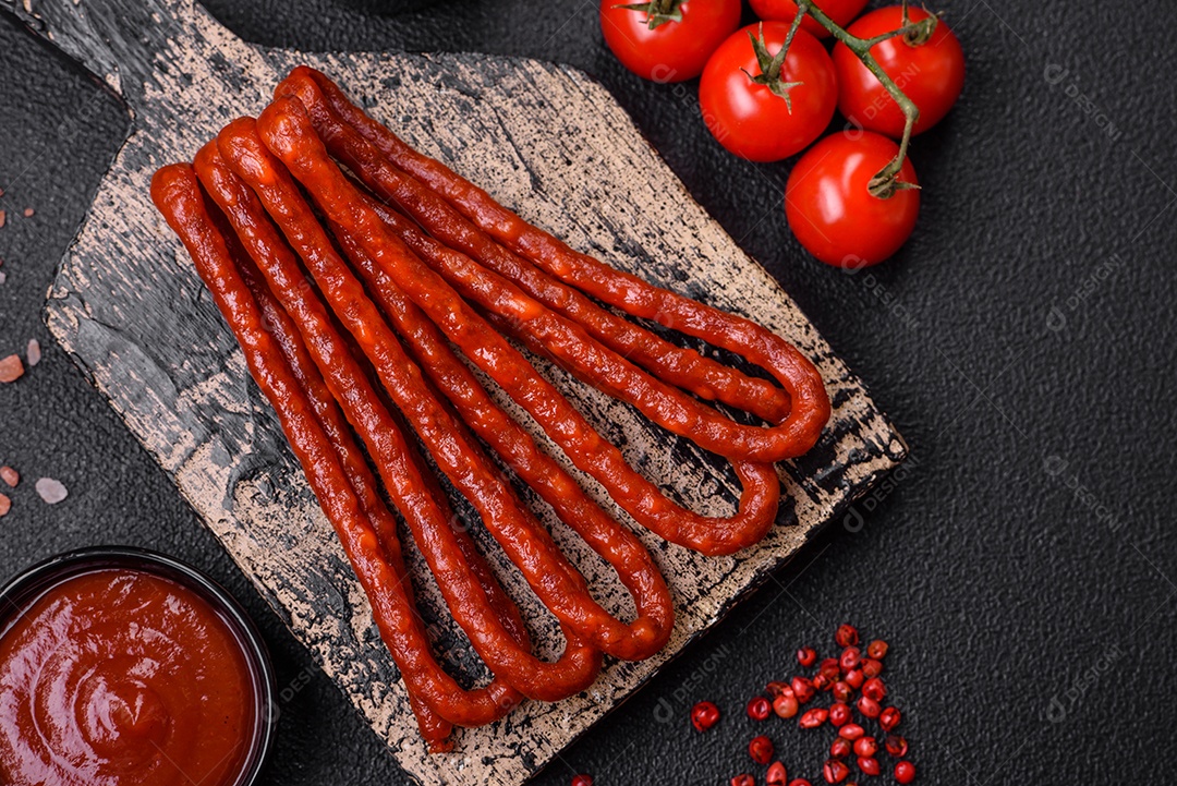 Deliciosas salsichas de caça defumadas com sal, especiarias e ervas sobre um fundo escuro de concreto