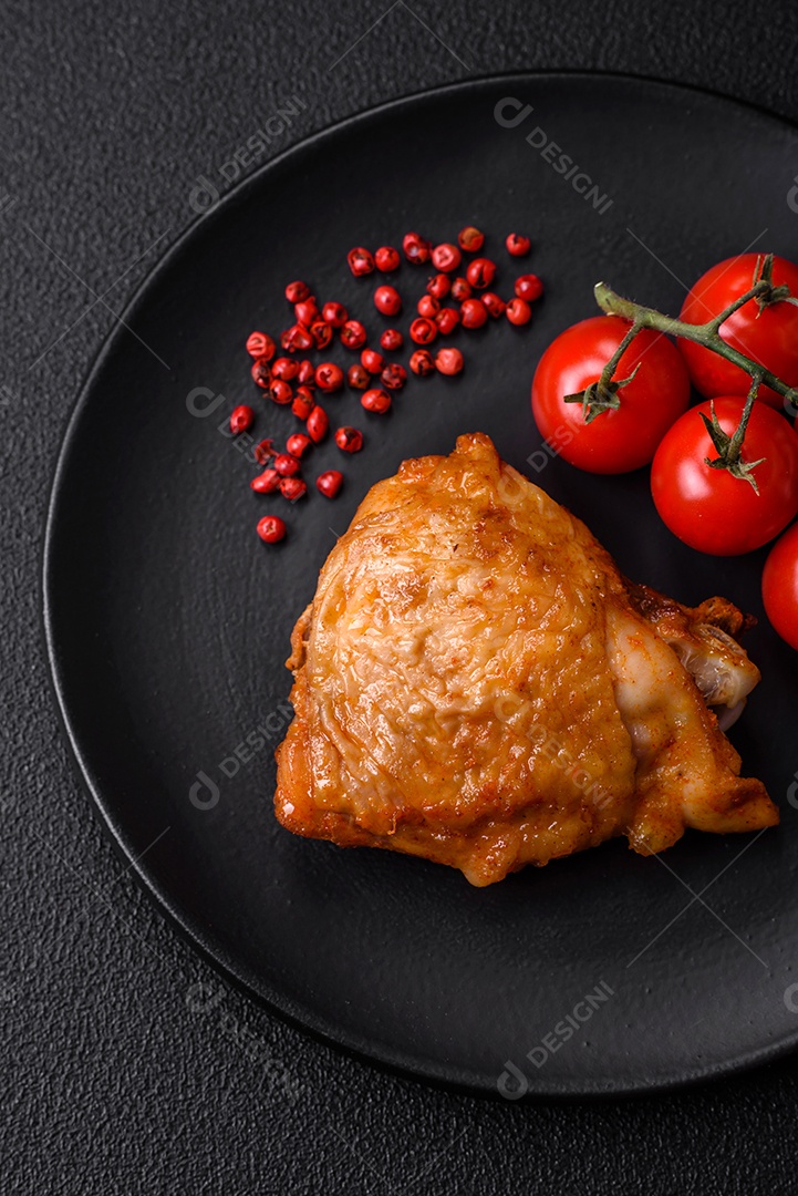 Deliciosas coxas de frango grelhado com sal, especiarias e ervas sobre um fundo escuro de concreto