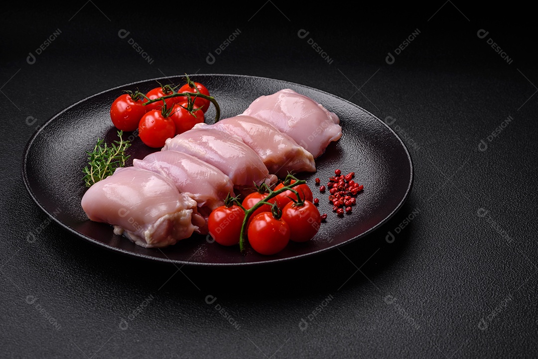 Filetes de coxa de frango cru fresco com sal, especiarias e ervas sobre um fundo escuro de concreto