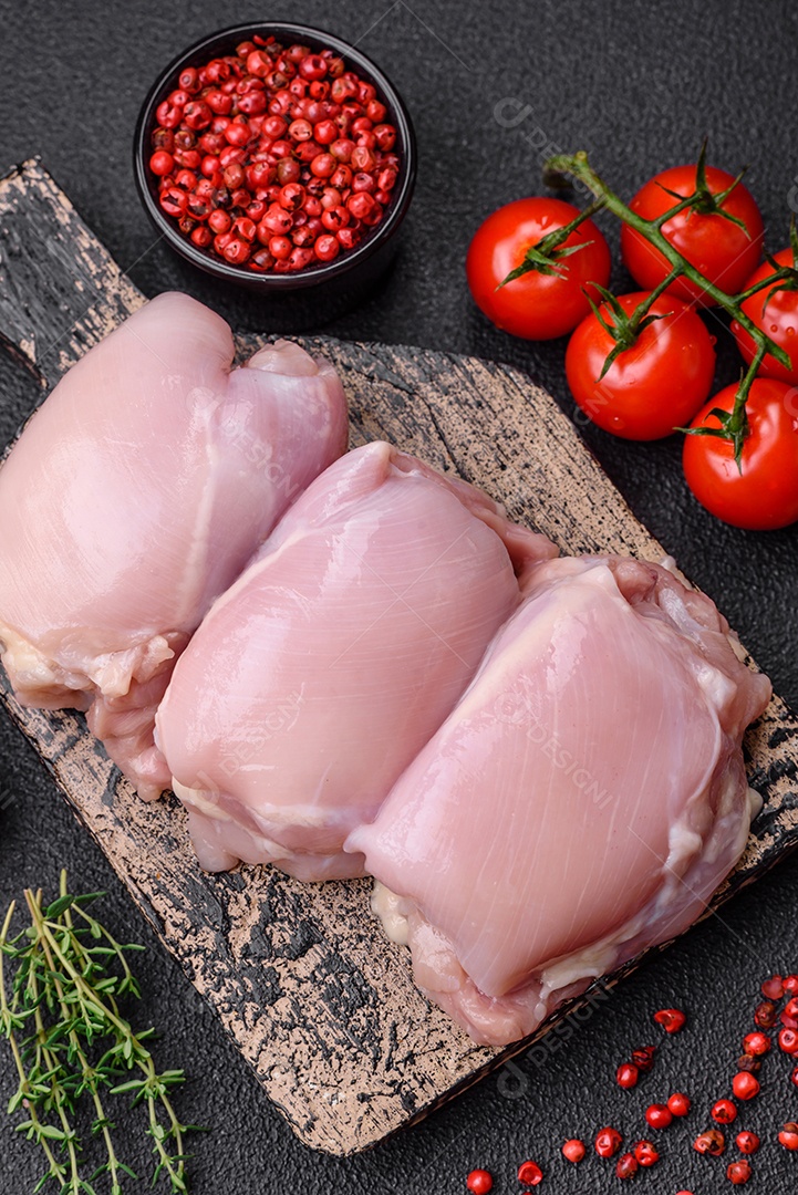 Filetes de coxa de frango cru fresco com sal, especiarias e ervas sobre um fundo escuro de concreto