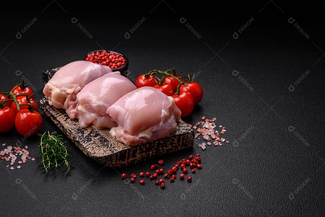Filetes de coxa de frango cru fresco com sal, especiarias e ervas sobre um fundo escuro de concreto