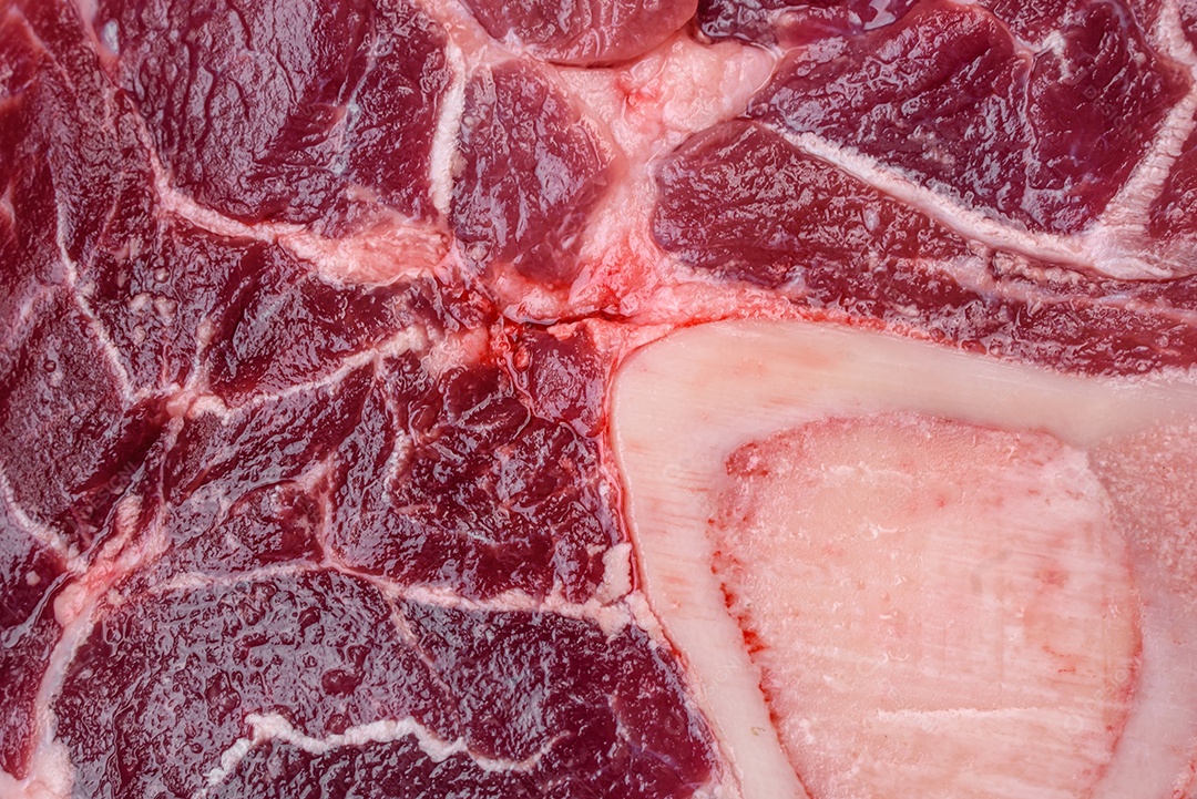 Bife de ossobuco de carne fresca com sal, especiarias e ervas em fundo de concreto texturizado