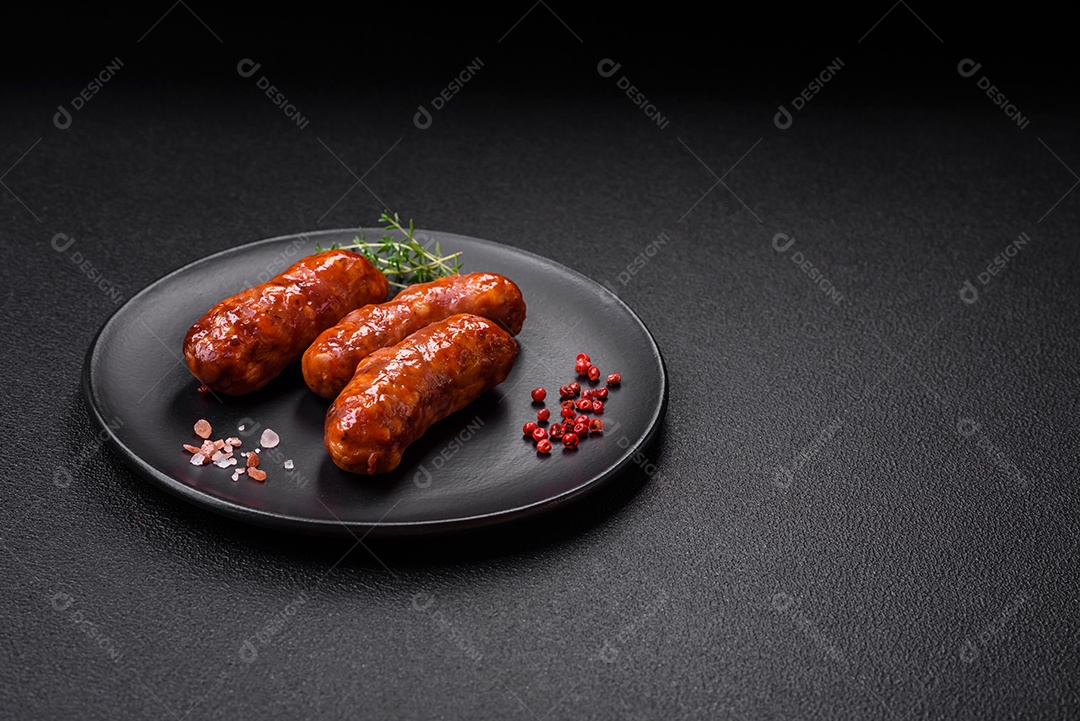 Deliciosos enchidos de frango ou porco grelhados com sal, especiarias e ervas sobre um fundo escuro de concreto