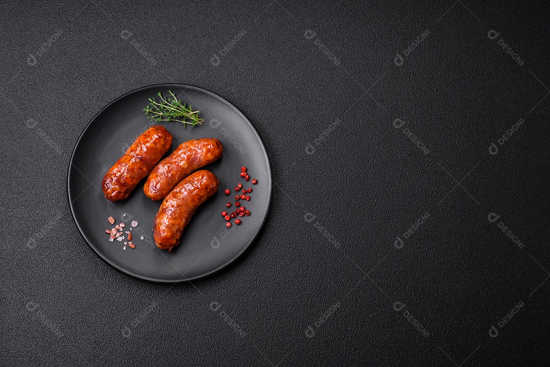 Deliciosos enchidos de frango ou porco grelhados com sal, especiarias e ervas sobre um fundo escuro de concreto