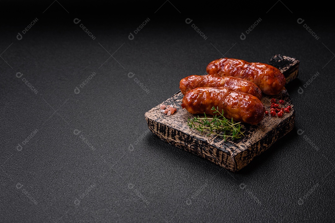 Deliciosos enchidos de frango ou porco grelhados com sal, especiarias e ervas sobre um fundo escuro de concreto