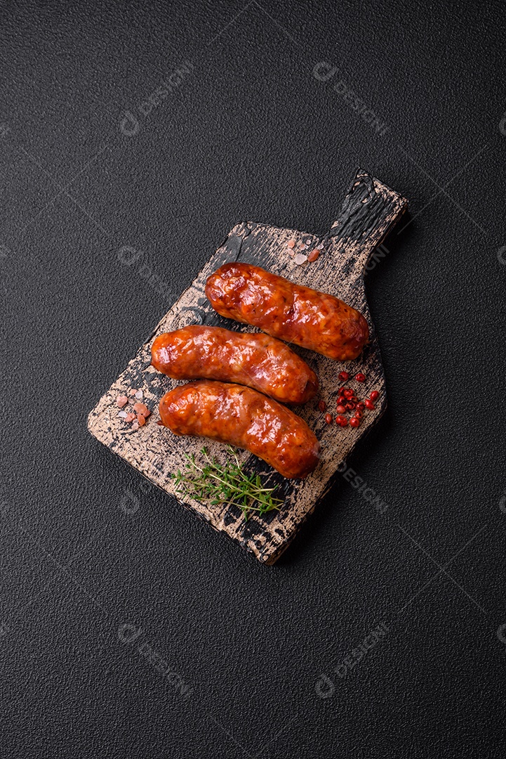 Deliciosos enchidos de frango ou porco grelhados com sal, especiarias e ervas sobre um fundo escuro de concreto