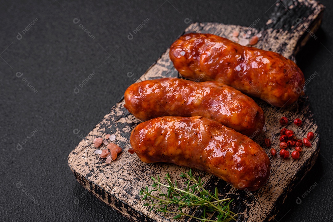 Deliciosos enchidos de frango ou porco grelhados com sal, especiarias e ervas sobre um fundo escuro de concreto