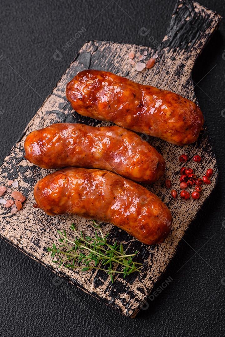 Deliciosos enchidos de frango ou porco grelhados com sal, especiarias e ervas sobre um fundo escuro de concreto