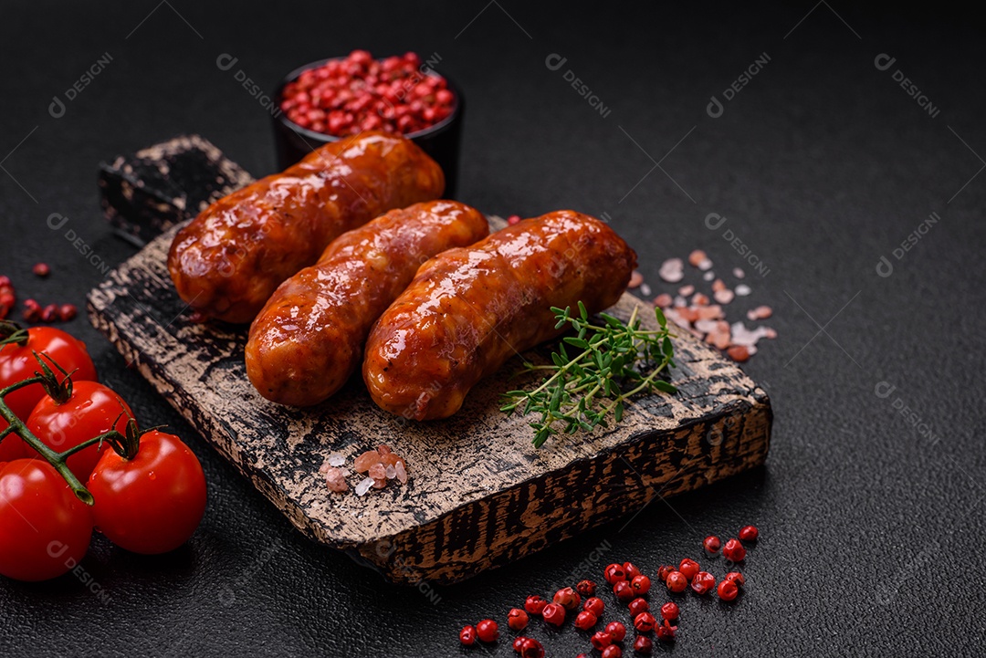 Deliciosos enchidos de frango ou porco grelhados com sal, especiarias e ervas sobre um fundo escuro de concreto