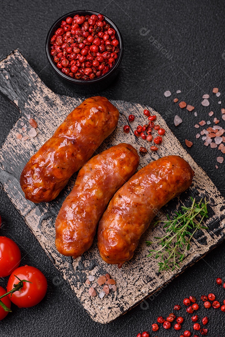 Deliciosos enchidos de frango ou porco grelhados com sal, especiarias e ervas sobre um fundo escuro de concreto