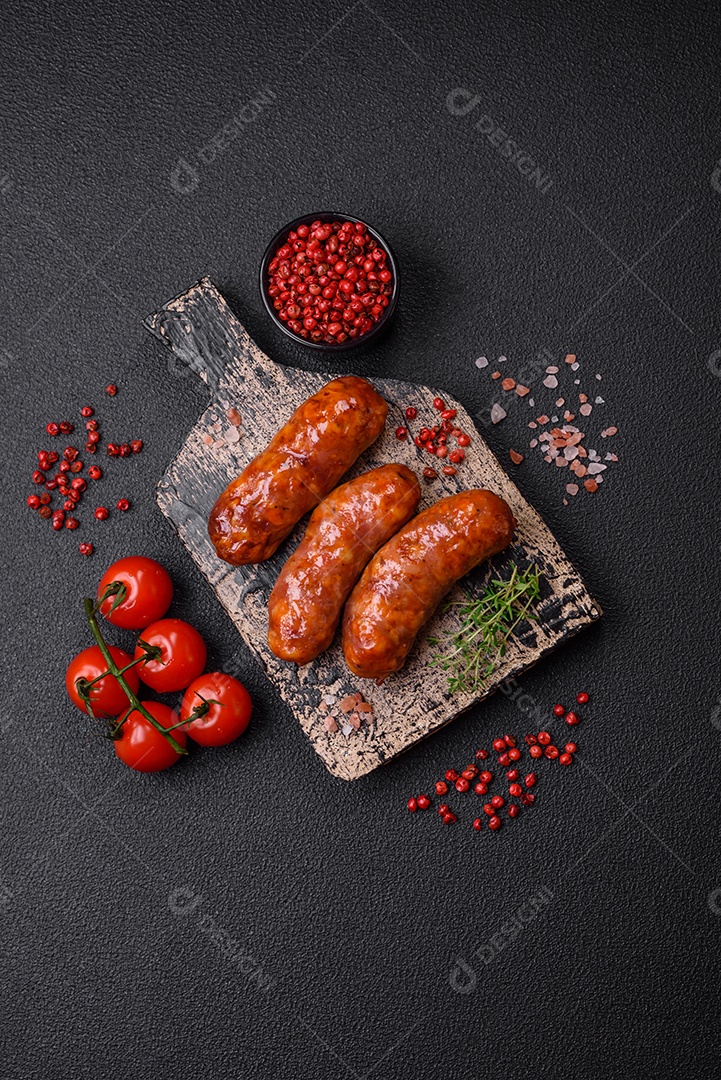 Deliciosos enchidos de frango ou porco grelhados com sal, especiarias e ervas sobre um fundo escuro de concreto