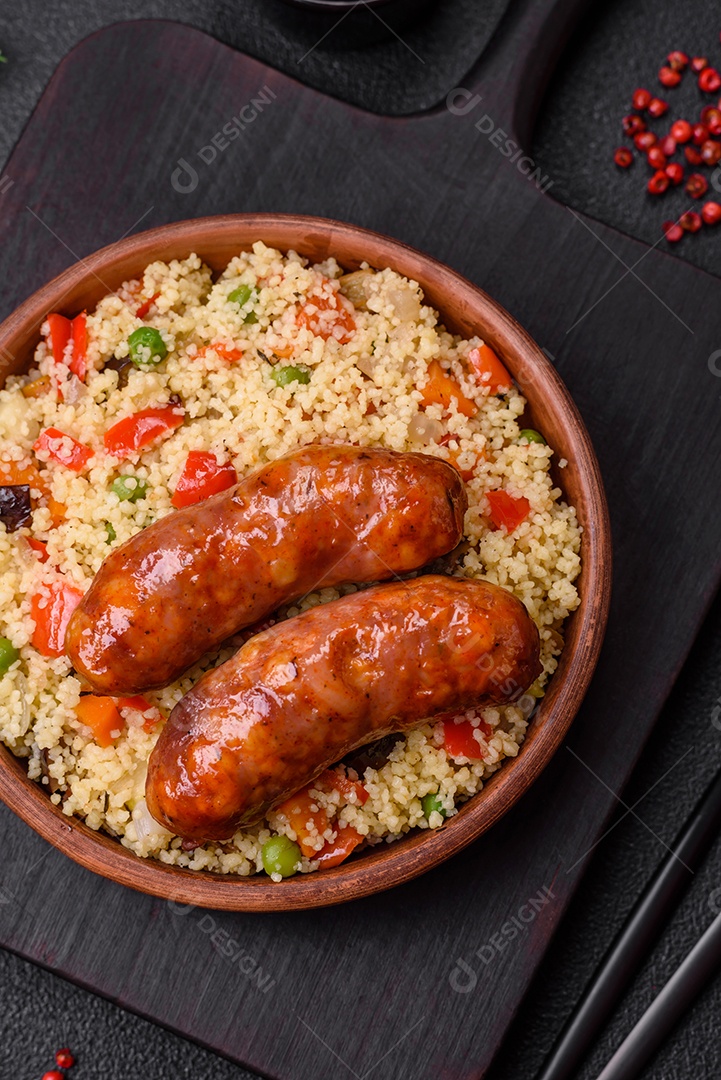 Deliciosas salsichas de frango ou porco assadas na grelha e cuscuz com legumes sobre um fundo escuro de concreto