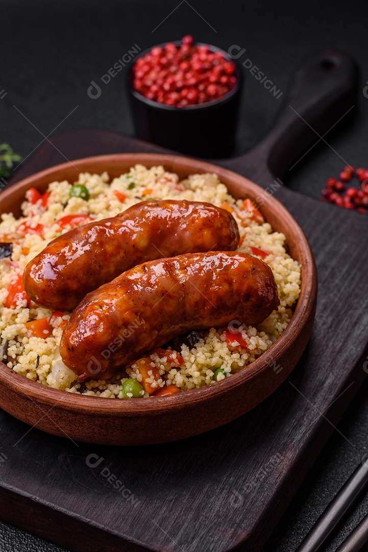 Deliciosas salsichas de frango ou porco assadas na grelha e cuscuz com legumes sobre um fundo escuro de concreto