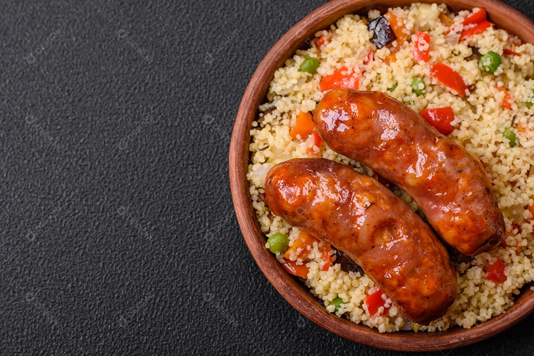 Deliciosas salsichas de frango ou porco assadas na grelha e cuscuz com legumes sobre um fundo escuro de concreto
