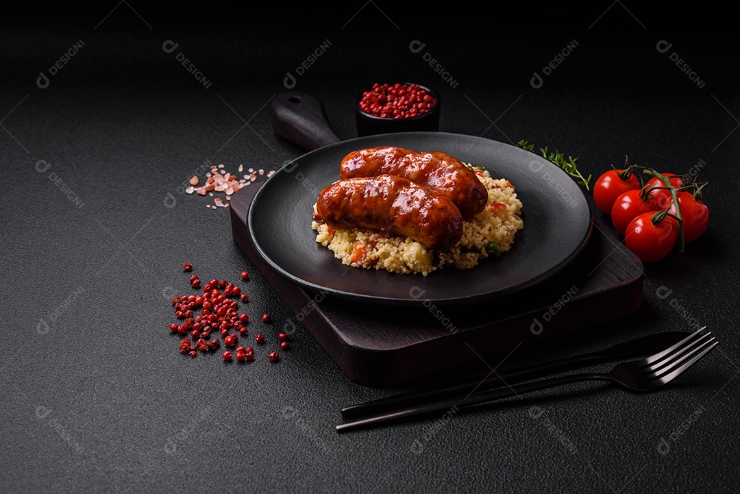 Deliciosas salsichas de frango ou porco assadas na grelha com mingau e legumes sobre um fundo escuro de concreto
