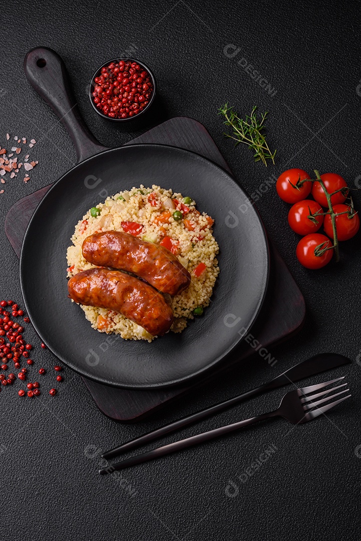 Deliciosas salsichas de frango ou porco assadas na grelha com mingau e legumes sobre um fundo escuro de concreto