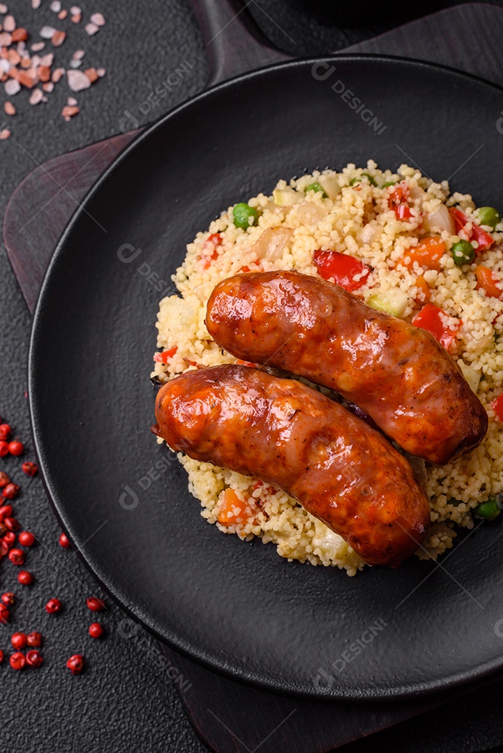 Deliciosas salsichas de frango ou porco assadas na grelha com mingau e legumes sobre um fundo escuro de concreto