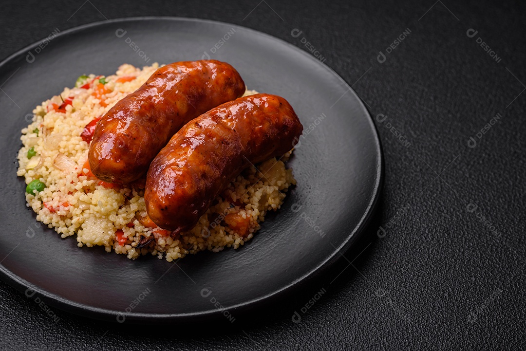 Deliciosas salsichas de frango ou porco assadas na grelha com mingau e legumes sobre um fundo escuro de concreto