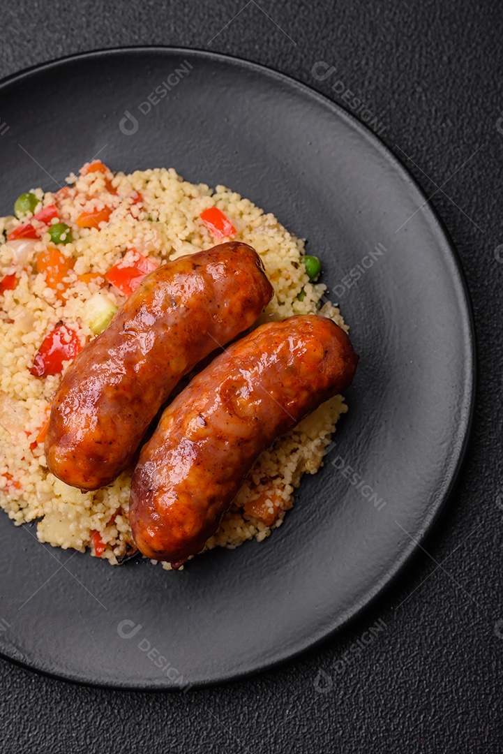 Deliciosas salsichas de frango ou porco assadas na grelha com mingau e legumes sobre um fundo escuro de concreto