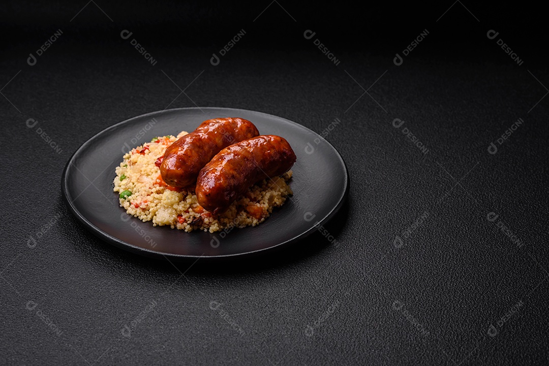 Deliciosas salsichas de frango ou porco assadas na grelha com mingau e legumes sobre um fundo escuro de concreto