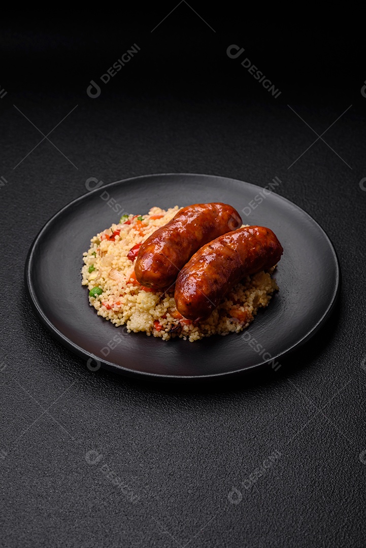 Deliciosas salsichas de frango ou porco assadas na grelha com mingau e legumes sobre um fundo escuro de concreto