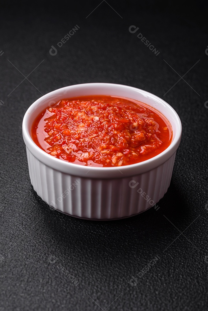 Delicioso molho vermelho picante com sal e especiarias em uma tigela de cerâmica sobre um fundo escuro de concreto