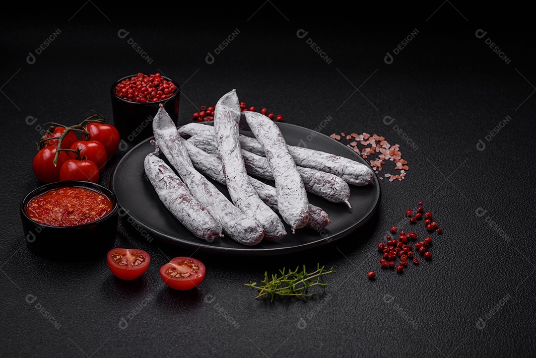 Delicioso fuet de linguiça defumada espanhola com sal e especiarias sobre um fundo escuro de concreto