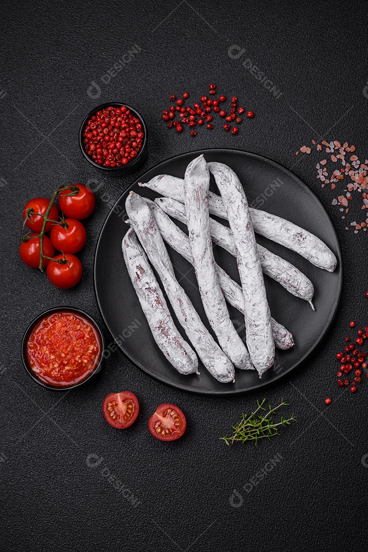 Delicioso fuet de linguiça defumada espanhola com sal e especiarias sobre um fundo escuro de concreto