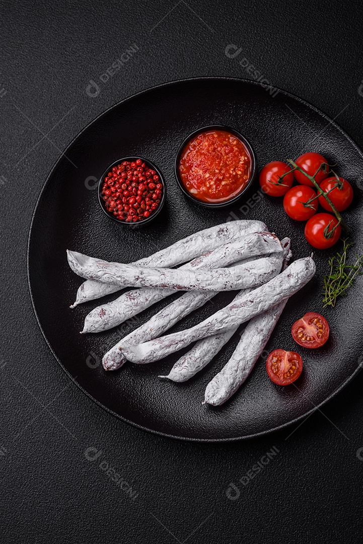 Delicioso fuet de linguiça defumada espanhola com sal e especiarias sobre um fundo escuro de concreto