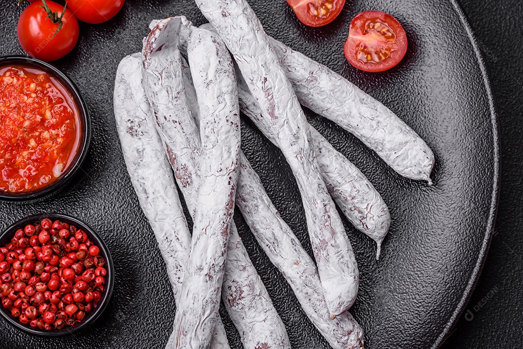 Delicioso fuet de linguiça defumada espanhola com sal e especiarias sobre um fundo escuro de concreto