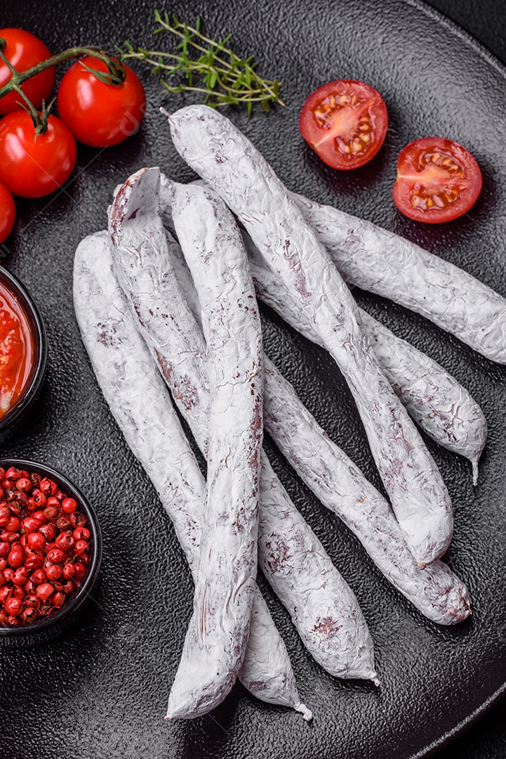 Delicioso fuet de linguiça defumada espanhola com sal e especiarias sobre um fundo escuro de concreto