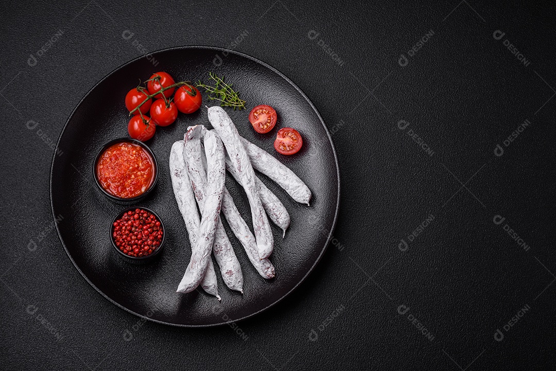 Delicioso fuet de linguiça defumada espanhola com sal e especiarias sobre um fundo escuro de concreto