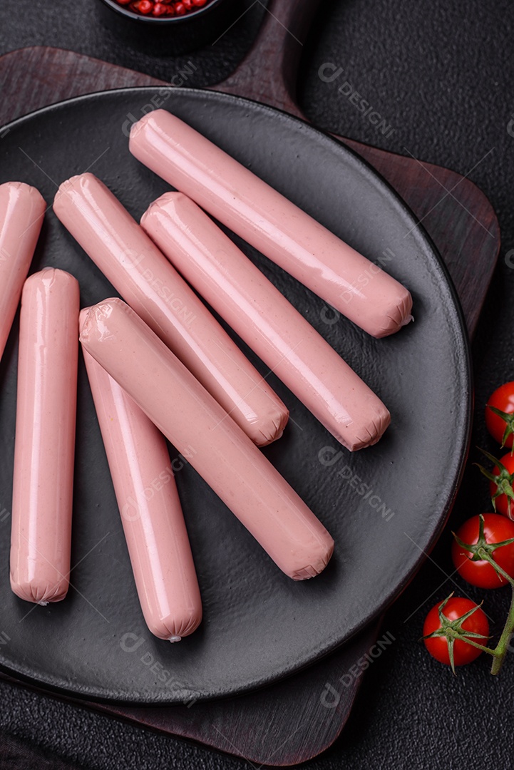 Deliciosa salsicha vegetariana fresca ou salsicha feita de proteína vegetal tofu ou leguminosas seitan, trigo magro com sal e especiarias em fundo de textura