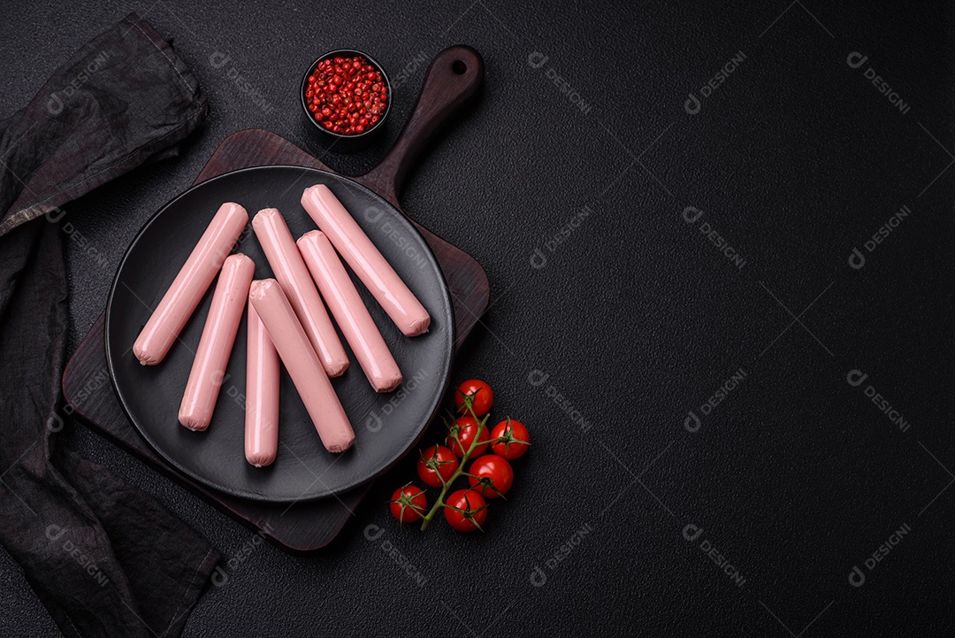 Deliciosa salsicha vegetariana fresca ou salsicha feita de proteína vegetal tofu ou leguminosas seitan, trigo magro com sal e especiarias em fundo de textura