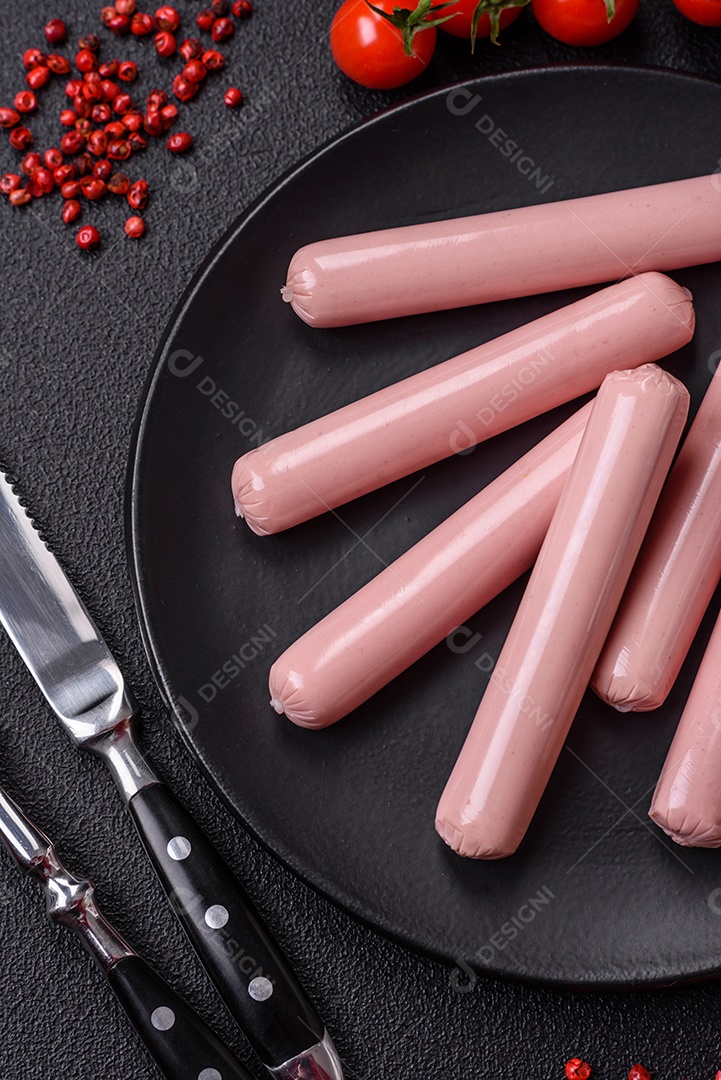 Deliciosa salsicha vegetariana fresca ou salsicha feita de proteína vegetal tofu ou leguminosas seitan, trigo magro com sal e especiarias em fundo de textura