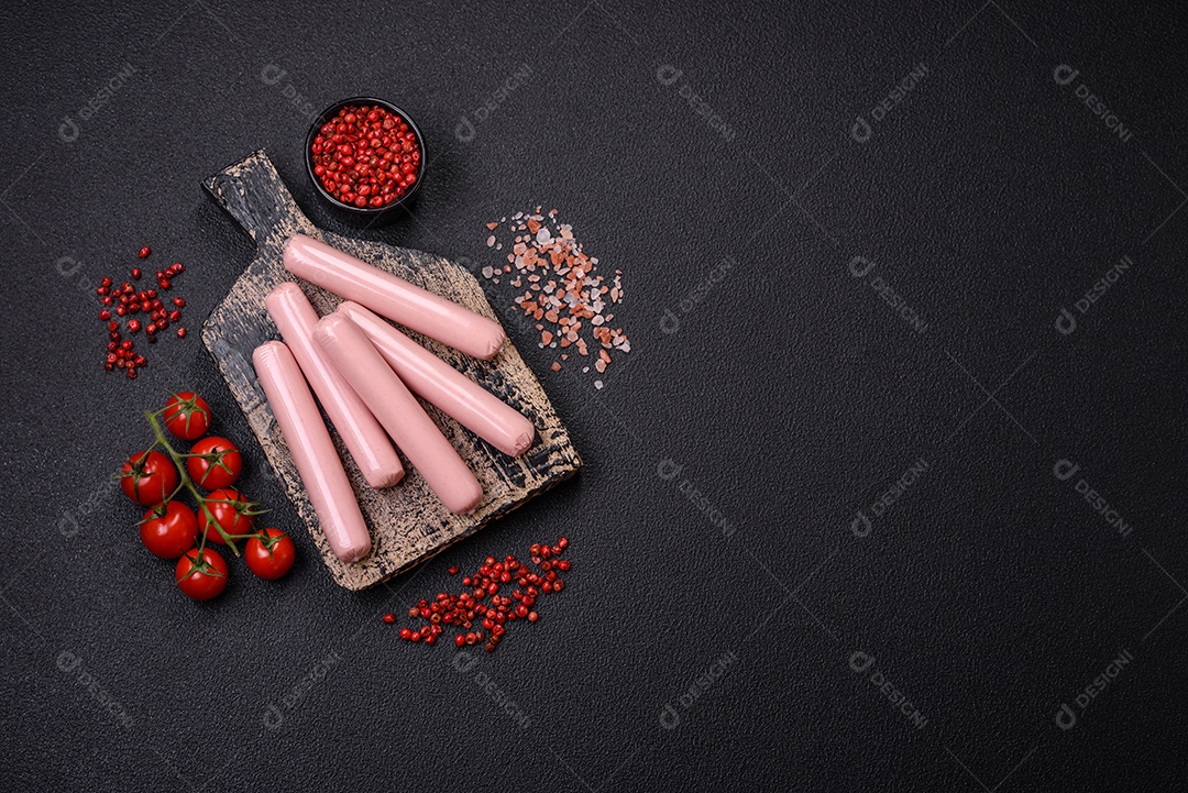 Deliciosa salsicha vegetariana fresca ou salsicha feita de proteína vegetal tofu ou leguminosas seitan, trigo magro com sal e especiarias em fundo de textura