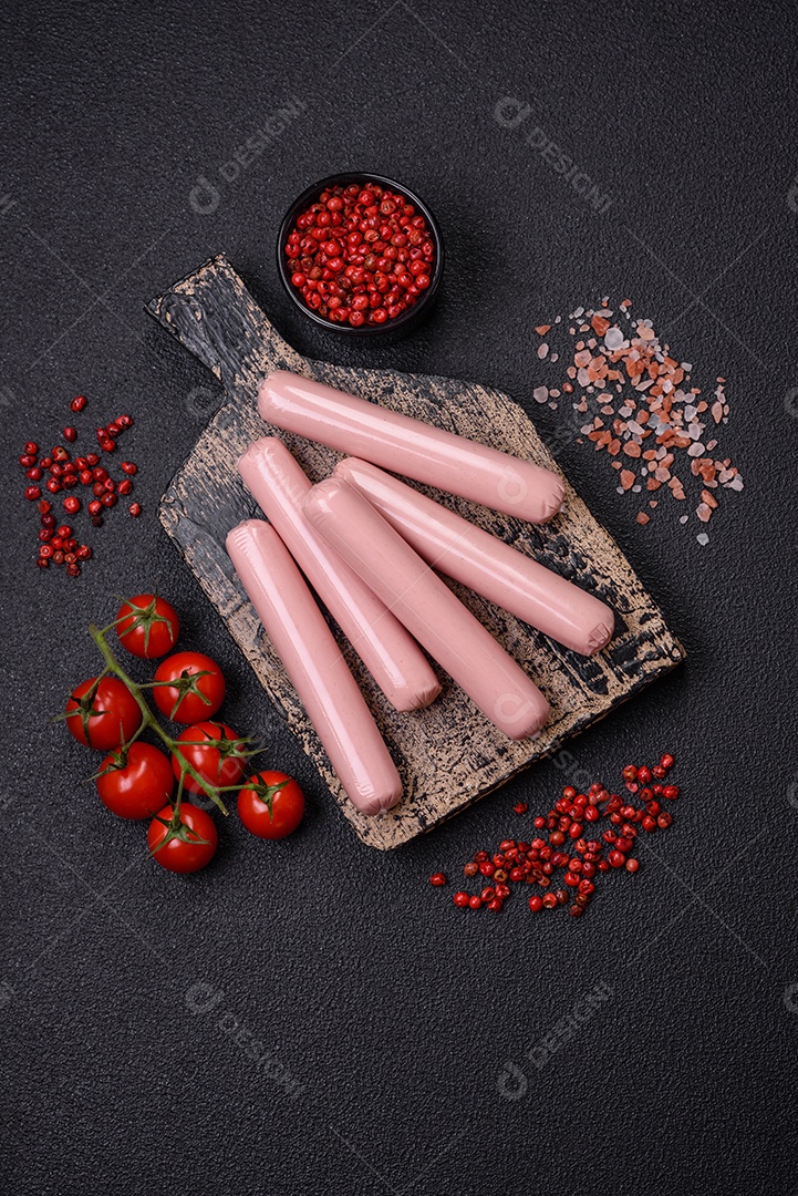 Deliciosa salsicha vegetariana fresca ou salsicha feita de proteína vegetal tofu ou leguminosas seitan, trigo magro com sal e especiarias em fundo de textura