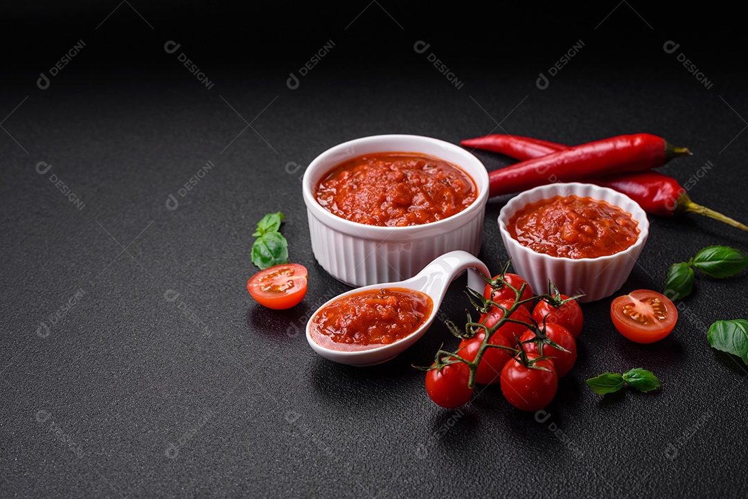 Delicioso molho Napoletana vermelho com cebola, sal, especiarias e ervas em uma tigela branca sobre fundo escuro de concreto