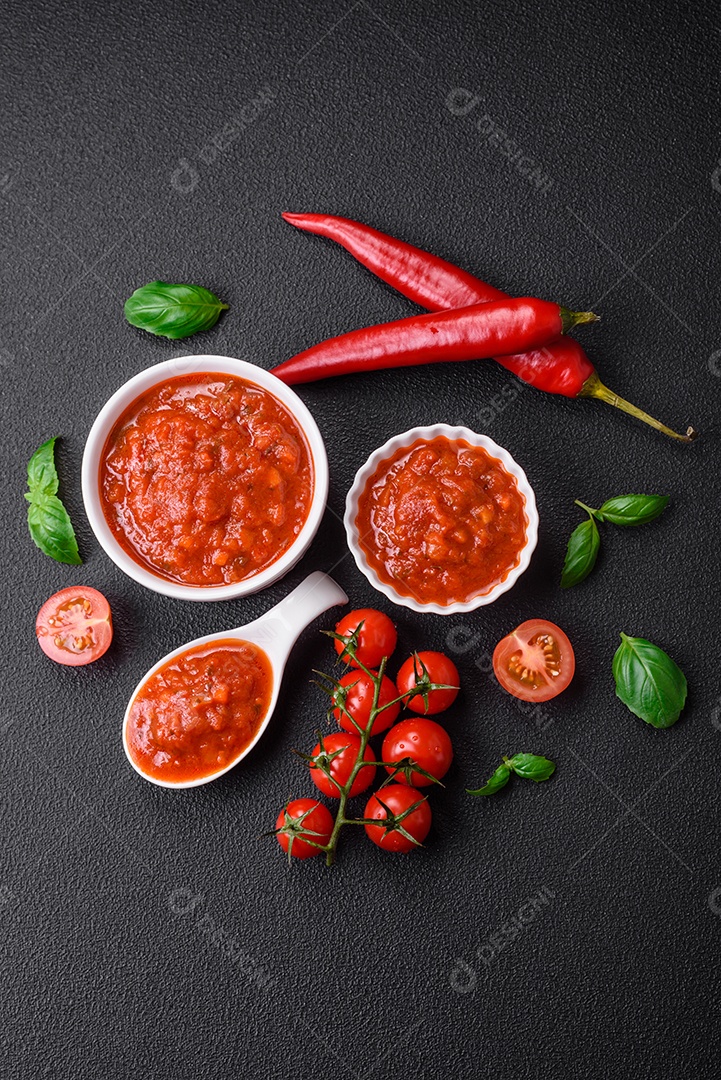 Delicioso molho Napoletana vermelho com cebola, sal, especiarias e ervas em uma tigela branca sobre fundo escuro de concreto