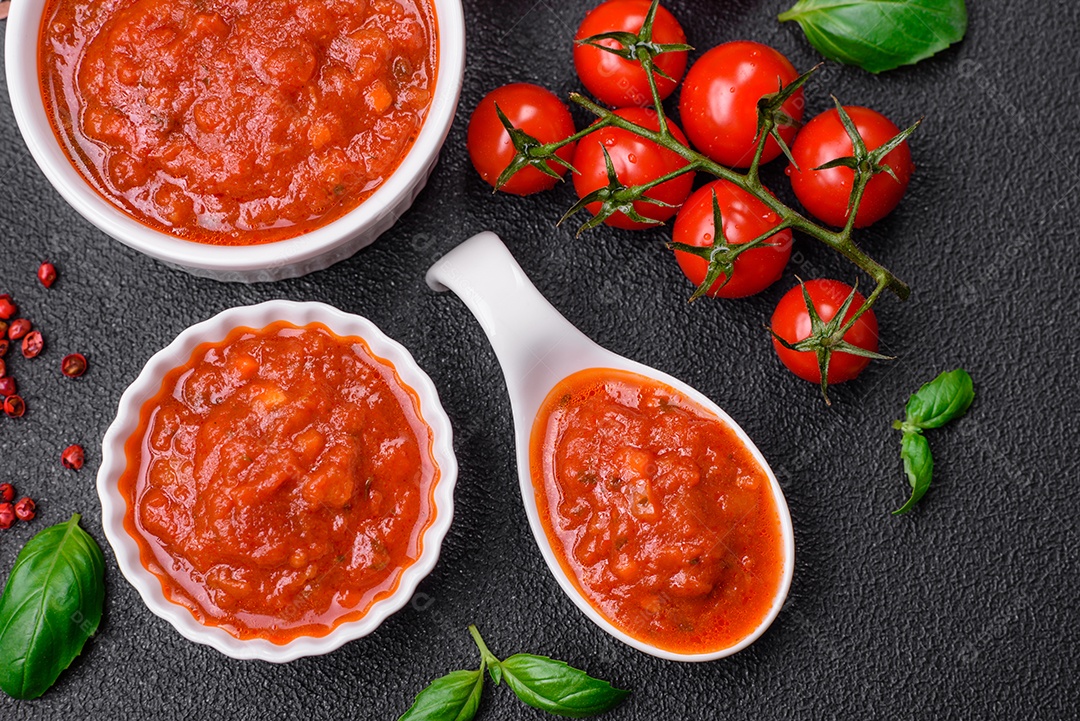Delicioso molho Napoletana vermelho com cebola, sal, especiarias e ervas em uma tigela branca sobre fundo escuro de concreto