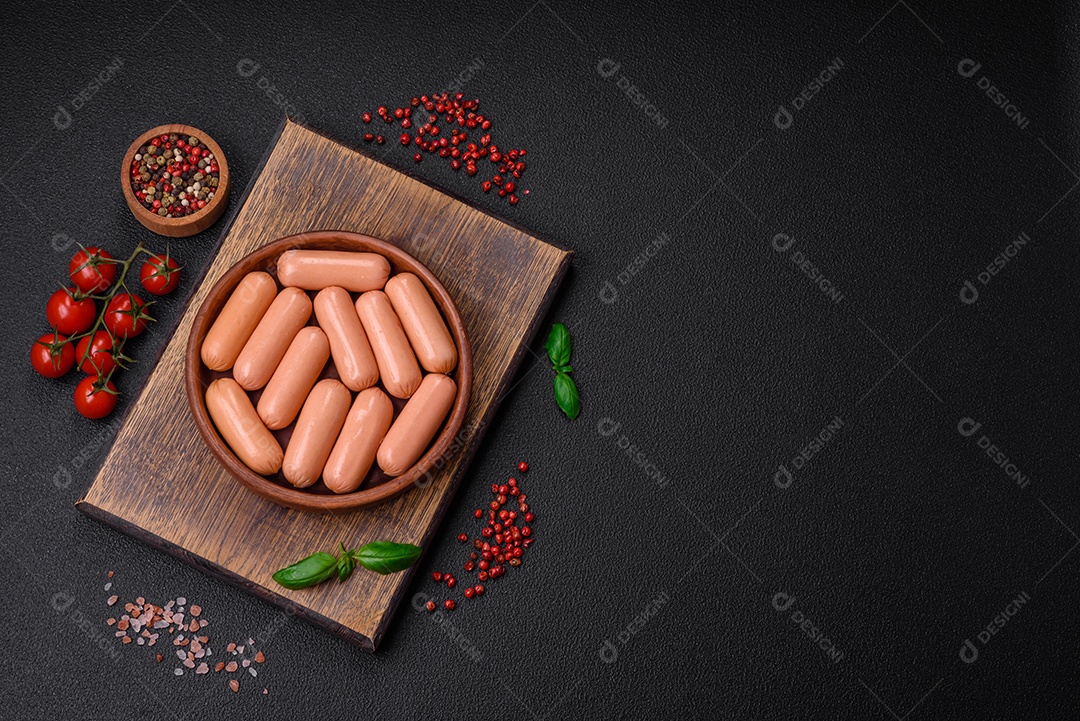 Deliciosa salsicha vegetariana fresca ou salsicha feita de proteína vegetal tofu ou leguminosas seitan, trigo magro com sal e especiarias em fundo de textura