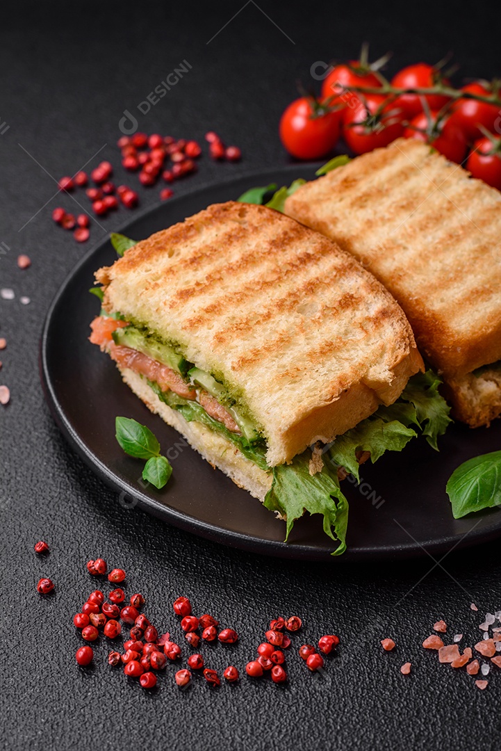 Delicioso sanduíche crocante com torradas, salmão, abacate, tomate, sal, especiarias e ervas sobre um fundo escuro de concreto