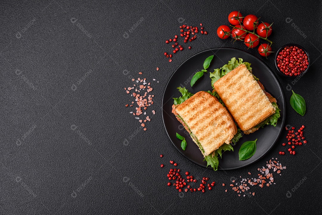 Delicioso sanduíche crocante com torradas, salmão, abacate, tomate, sal, especiarias e ervas sobre um fundo escuro de concreto