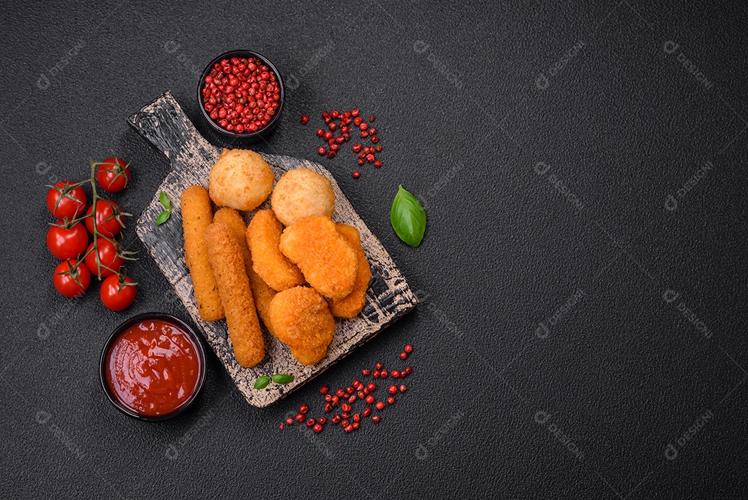 Deliciosos nuggets, palitos e bolinhas de mussarela e queijo parmesão com sal e especiarias. Fast-food, comida pouco saudável