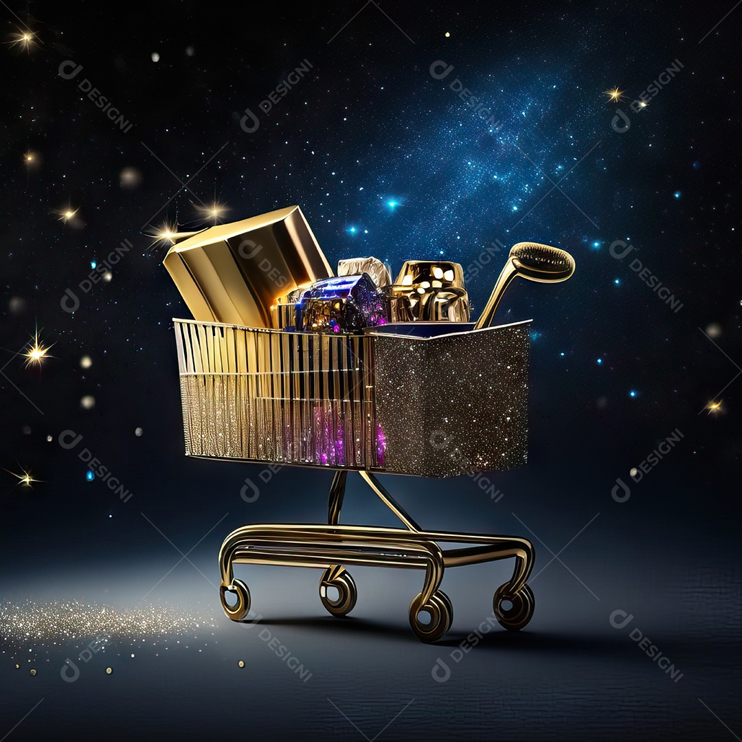 Carrinho de compras fotográfico com arranjo de presentes em brilho