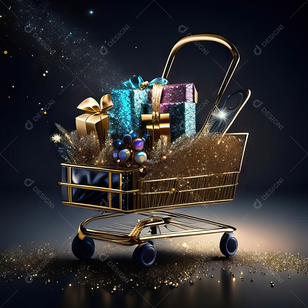 Carrinho de compras fotográfico com arranjo de presentes em brilho