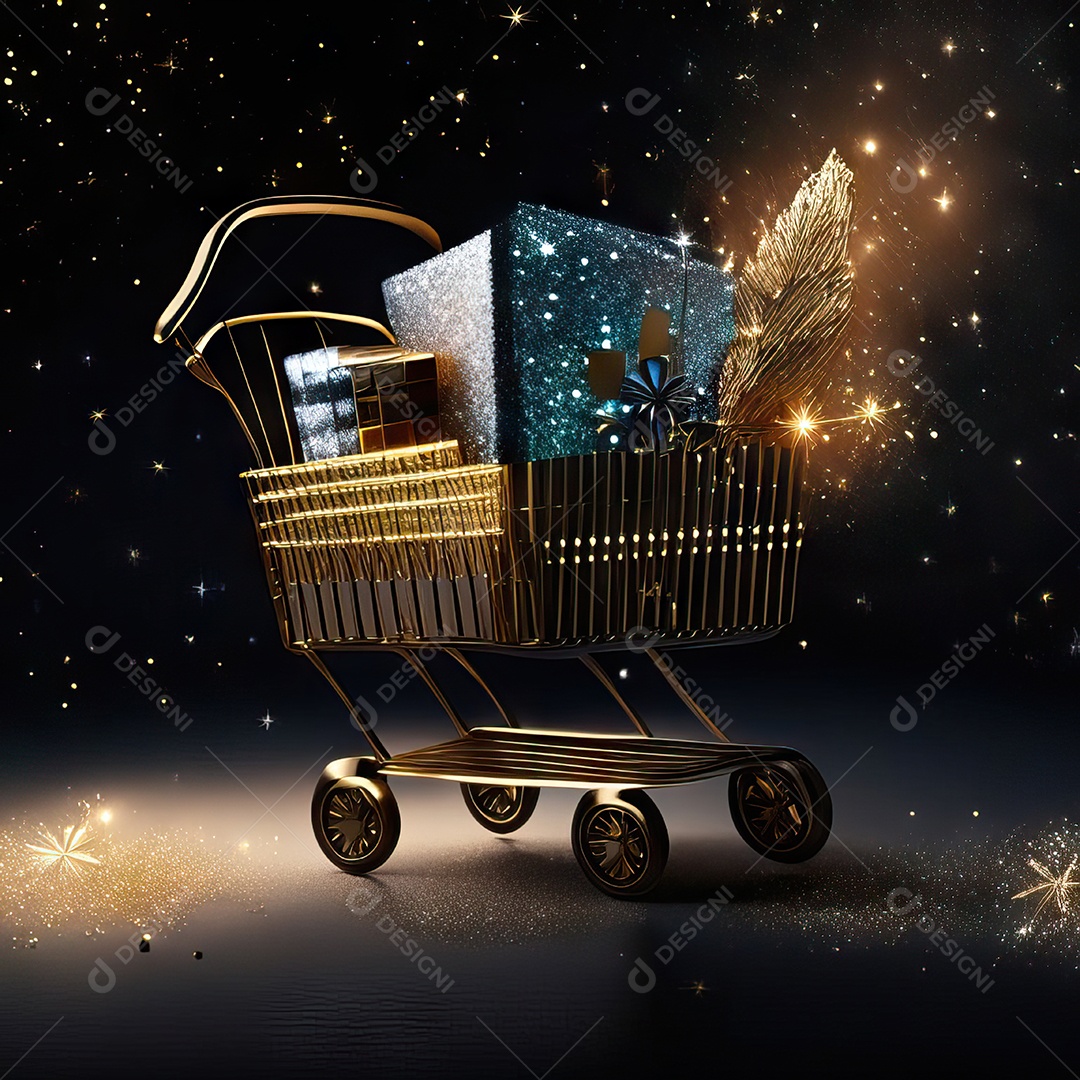 Carrinho de compras fotográfico com arranjo de presentes em brilho