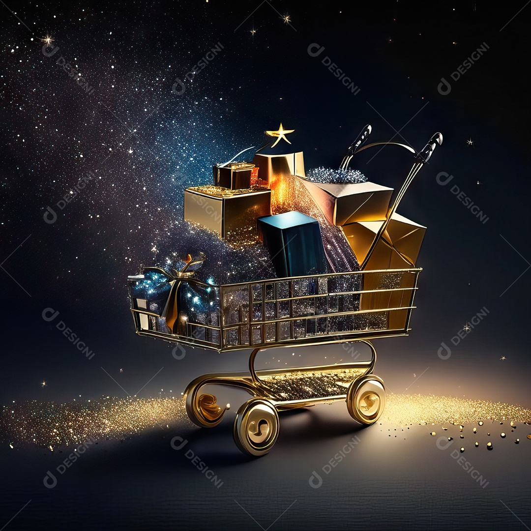 Carrinho de compras fotográfico com arranjo de presentes em brilho